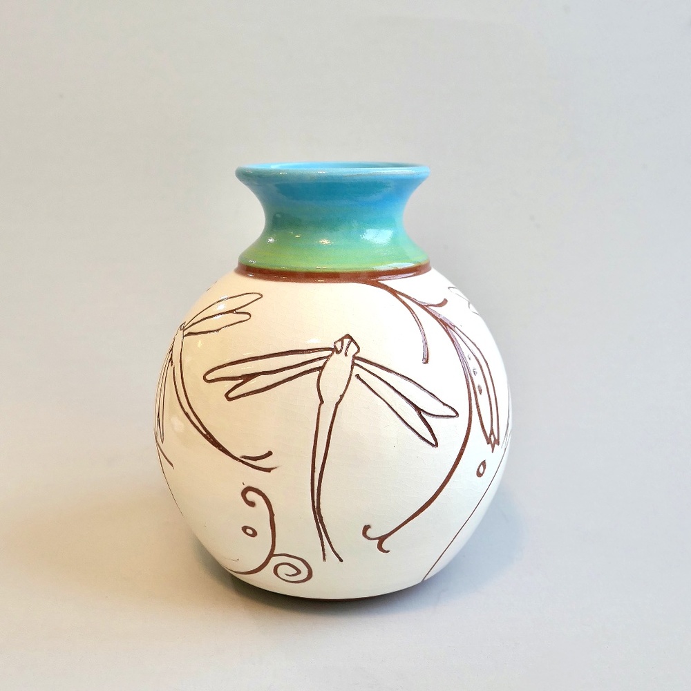 Artist Joanna Griffin Dragonfly Round Clay Vase